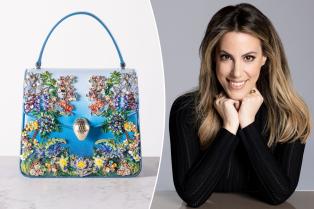 Side-by-side of Mary Katrantzou and a bag she designed for Bulgari