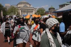 Masked anti-Israel protesters on Columbia University's campus on April 29, 2024.