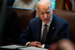 U.S. President Joe Biden in a suit and tie, holding a meeting with the Joint Chiefs of Staff and Combatant Commanders in the Cabinet Room at the White House, May 15, 2024.
